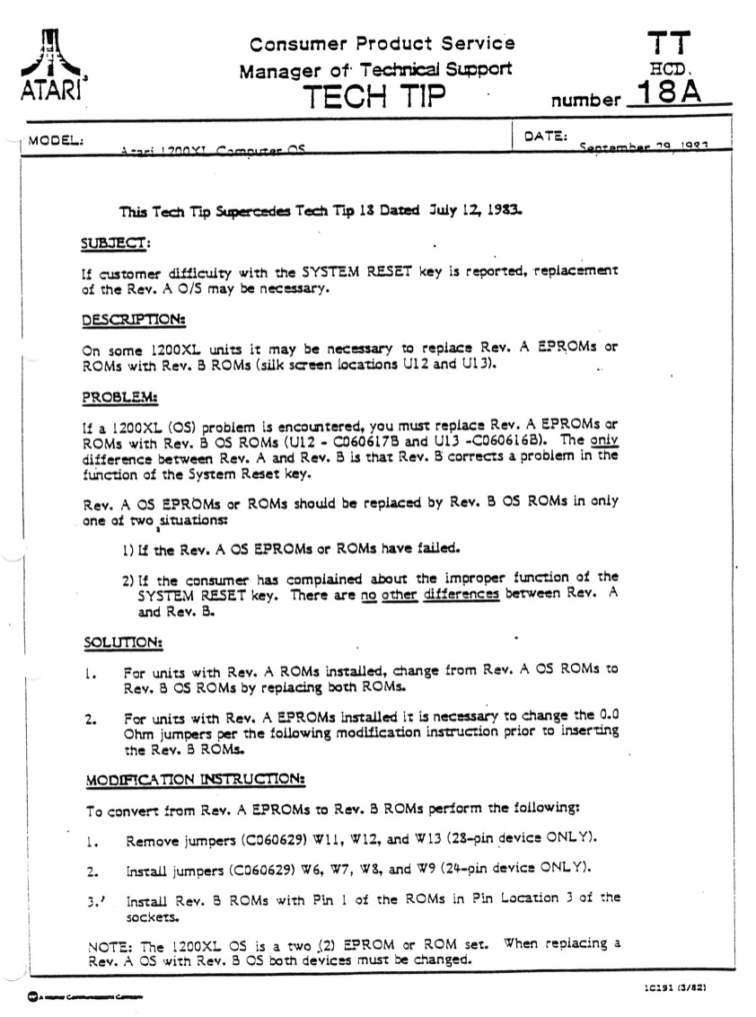 Atari Tech Tip No. 18a: System Reset Key (1200XL)